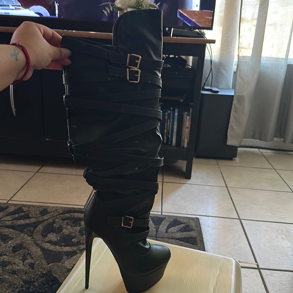 Green super thigh high boots